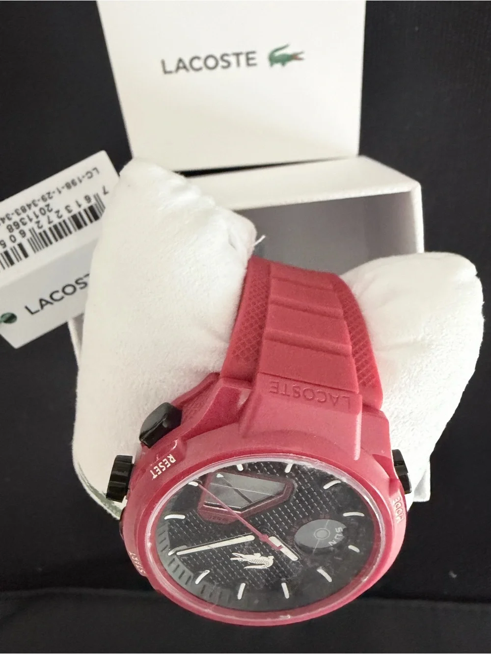 Brand new Lacoste Unisex Analog & Digital Watch in red with black dial.
